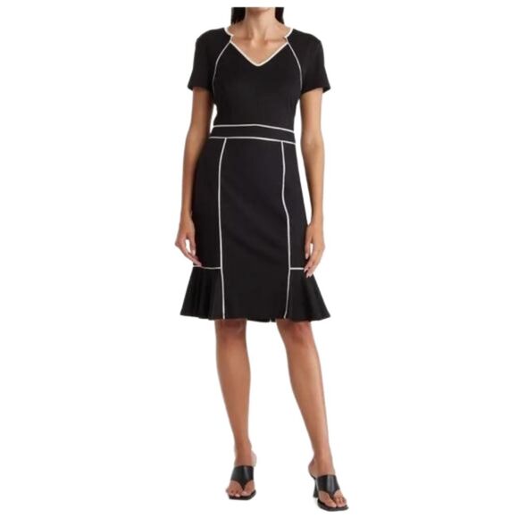 Nue by Shani Dresses & Skirts - Nue By Shani Black/White V-Neck Piped Detail Tulip Hem Midi Dress. Size 8.